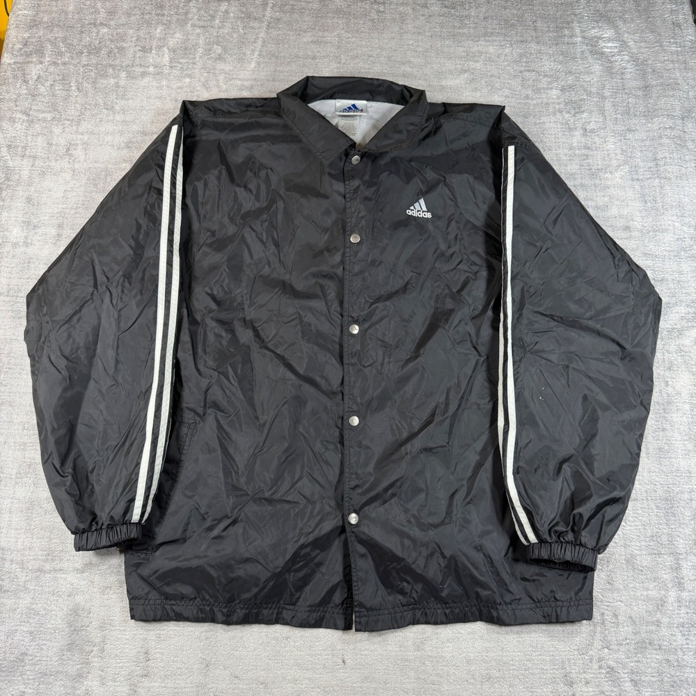 Vintage Adidas Jacket Mens XXL Black Windbreaker 3 Stripe Snap Front Coaches